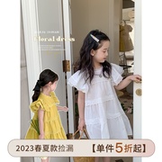 女童连衣裙2023夏季儿童，白色黄色棉布蕾丝，拼接西小飞袖公主裙