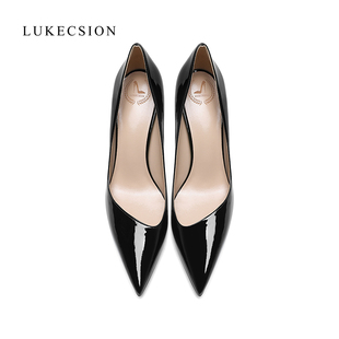 LUKECSION黑色高跟鞋2021年百搭真皮尖头斜口8cm细跟单鞋女春