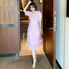 MIUCO重工刺绣蕾丝花纹圆领宫廷袖系带纯色大码连衣裙