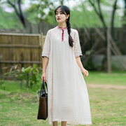 浅粉色绣花苎麻宽松连衣裙2022年夏季新中式高端五分袖薄款长裙