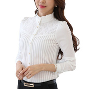 2023衬衫通勤春装韩版立领蕾丝，雪纺打底衫职业，修身长袖白衬衣(白衬衣)