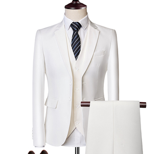 职业装男士西服三件套大码马甲外套西裤，休闲西装白色修身礼服套装