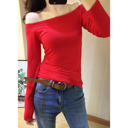 2024红色打底衫薄款春秋女装内搭一字领露肩上衣性感紧身长袖t恤