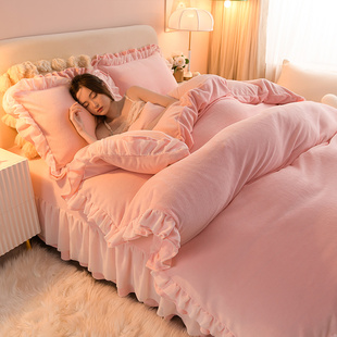 韩式公主风加厚牛奶绒床上四件套保暖双面珊瑚绒少女心被套床单冬