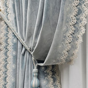 法式蕾丝绒布蓝色丝绒刺绣欧式复古轻奢卧室遮光客厅高档窗帘美式