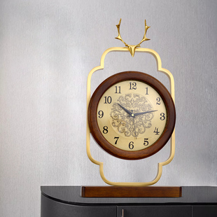 实木静音复古欧式双面台钟时尚，家用摆件钟表轻奢黄铜，鹿头经典座钟