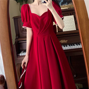 大码女装法式复古v领短袖连衣裙女夏季胖MM高腰显瘦红色雪纺长裙