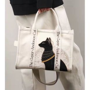 大英博物馆安德森猫刺绣手提斜挎包帆布女包包，通勤单肩包小众大包