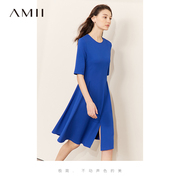 Amii简约法式风凉感高弹力罗马布连衣裙女夏修身显瘦开叉短袖裙子