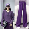 紫色针织衫套装女2024百搭宽松设计感上衣，高腰阔腿裤女两件套
