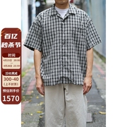 日本CATTA棉麻布格纹落肩宽松款式夏威夷短袖衬衫衬衣格子黑白格