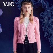 VJC/威杰思秋冬女装粉红色针织长袖宫廷泡泡袖短款开衫