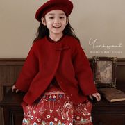 女童新年款纯色洋气外套冬季喜庆甜美可爱公主红色过年服保暖上衣