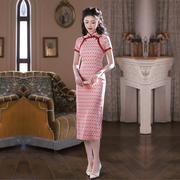 红色格子旗袍长款3分袖洋气质改良版连衣裙新中式日常礼服民国风