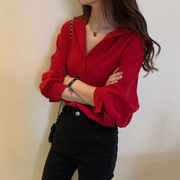 红色上衣春日衬衫2024年女装韩版衬衣显瘦本命年长袖，洋气小衫