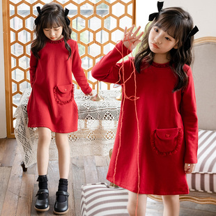 女童连衣裙2023秋冬洋气公主裙甜美礼服裙儿童红色过年拜年服