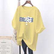 奶黄色纯棉短袖t恤女夏季2024美式复古欧货大版宽松女装上衣