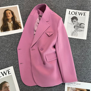 紫粉色西装外套，女2023年秋季双排，扣小西服