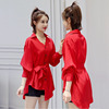 衬衫女设计感小众上衣2023红色中长雪纺衫系带前短后长不规则衬衣