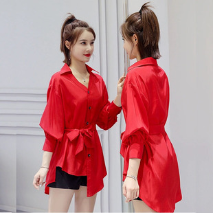 衬衫女设计感小众上衣2024红色中长雪纺，衫系带前短后长不规则衬衣