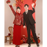新中式敬酒服套装2023新娘酒红色旗袍冬季长袖婚服订婚礼服裙