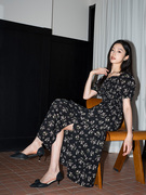 JOJOAlyssa 2023年夏季女小个子方领碎花连衣裙收腰显瘦长裙