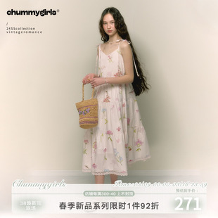 chummygirls原创法式复古系带，印花蕾丝花边吊带，v领连衣长裙