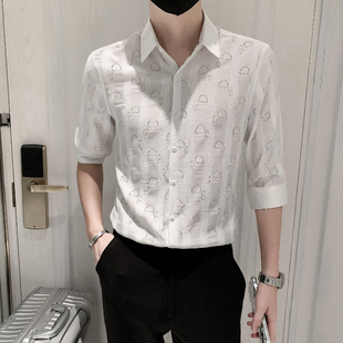蕾丝透明短袖衬衫男潮牌夏季潮流设计感小众修身痞帅7七分袖衬衣