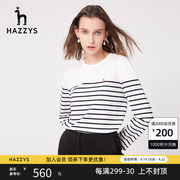 hazzys哈吉斯(哈吉斯)女装，宽松条纹纯棉长袖，t恤春秋季舒适百搭打底衫上衣