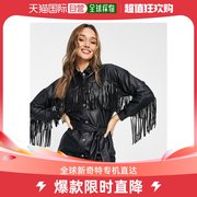 香港直邮潮奢 ASOS 女士pu 设计长袖流苏衬衫式连衣裙(黑色)