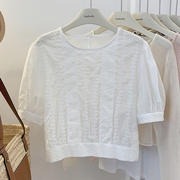 洛洛拉 白色泡泡袖设计短袖衬衣女夏季重工绣花圆领花边衬衫