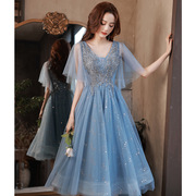 蓝色晚礼服2023春季小蝙蝠袖仙气质洋装伴娘裙小个子甜美风礼服裙