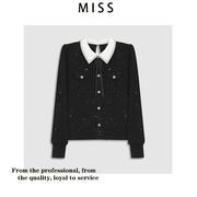 黑色罗纹针织衫轻奢白色镶钻翻领，蝴蝶结设计时髦洋气休闲衬衫上衣