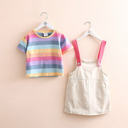 女童彩虹套装2023夏装韩版儿童宝宝条纹T恤背带裙两件套洋气