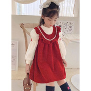 儿童套装女时尚洋气时髦裙子童背心裙冬季过年衣服连衣裙红色新年