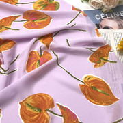 纯棉微透垂坠淡紫色大树叶花朵印花棉布料，连衣裙衬衫长裙手工面料