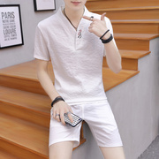 夏季时尚中国风棉麻短袖套装男士V领休闲古风纯色T恤短裤两件一套