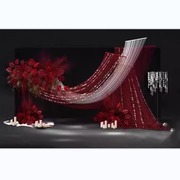 红色布幔线帘银白色亮片小众，婚礼迎宾区签到区效果图psd设计素材