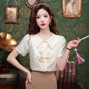 新中式国风刺绣雪纺衬衫女夏季娃娃领泡泡袖衬衣气质小衫短袖上衣