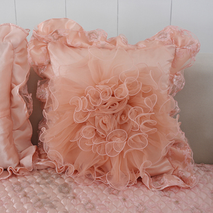 蕾丝方形抱枕套粉红色，靠垫欧式家居沙发不含芯，汽车柔软靠枕套
