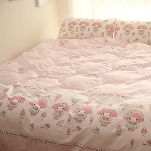 小米馍馍粉色条纹卡通，可爱精梳纯棉，少女床单床笠四件套床上用品