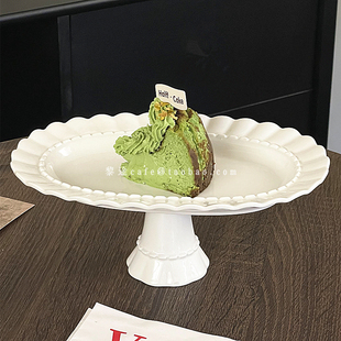 法式花边陶瓷高脚蛋糕盘ins风，椭圆形下午茶甜品，点心盘精致展示盘