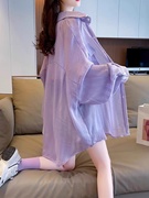 紫色薄款防晒衣女2024夏季设计感宽松中长款冰丝长袖衬衫外套