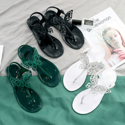 2024塑料凉鞋女夏平底夹趾糖果，色塑胶平跟花朵女鞋果冻沙滩鞋