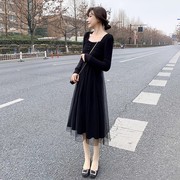 法式黑色连衣裙，女秋2023气质长袖，收腰显瘦网纱蓬蓬裙小黑裙子