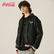 Coca-Cola/可口可乐 PU皮衣条纹拼接机车翻领棉服外套 男女同款