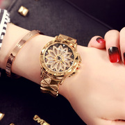 金色女表钢带时装表手链表，璀璨钻陀飞轮时尚，女士手表大表盘