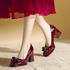 法式蝴蝶结高跟鞋女粗跟红色婚鞋日常可穿2024春气质漆皮单鞋