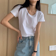 纯白色短袖T恤女夏季短装修身小款高腰棉质配阔腿裤短款上衣