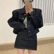 韩国chic复古气质翻领明线设计牛仔外套+高腰双口袋半身裙套装女